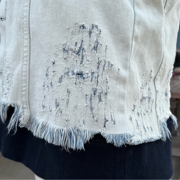 Free People Double Layer Distressed Jean Jacket Small Hood Destroyed Light Wash - Picture 7 of 14